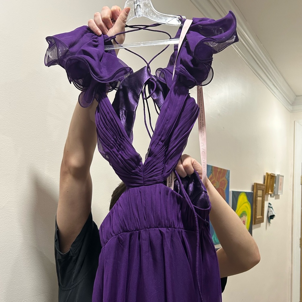 MAC DUGGAL Ruffled Shoulder Cut Out Lace Up Gown